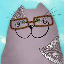 Dierenkaart grijze kat met bril