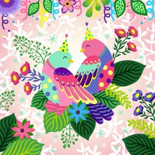 Een gezellige en kleurrijke verjaardagskaart met vogels