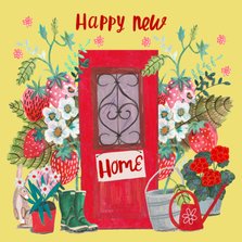 Een vrolijke felicitatie kaart rode deur met bloemen