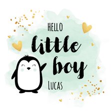 Felicitatie geboorte jongen pinguïn waterverf groen
