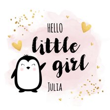 Felicitatie geboorte meisje pinguïn waterverf roze goudlook