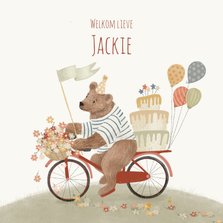 Felicitatie geboorte met een beer op een fiets met taart