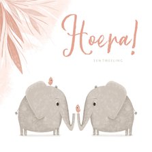 Felicitatie tweeling roze jungle olifanten met vogels