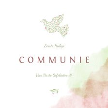 felicitatiekaart communie met duif van bloemen en waterverf