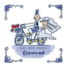 Felicitatiekaart delfts blauw tegeltje getrouwd op de fiets