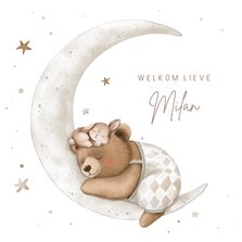 Felicitatiekaart geboorte beer en konijn op maan met sterren