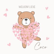 Felicitatiekaart geboorte - beer meisje roze hartjes
