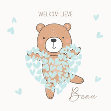 Felicitatiekaart geboorte beer met blauw hart