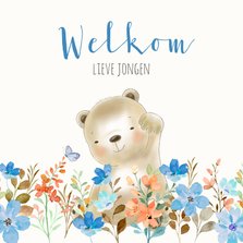 Felicitatiekaart geboorte beer met bloemen jongen