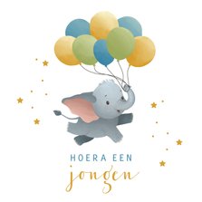 Felicitatiekaart geboorte jongen met olifant met ballonnen