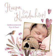 Felicitatiekaart geboorte kleindochter bloemen vogel hartjes