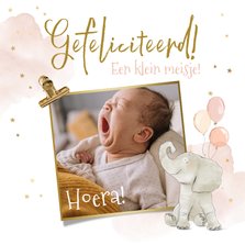 Felicitatiekaart geboorte meisje foto olifant ballonnen ster