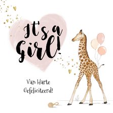 Felicitatiekaart geboorte meisje giraf hart goud spetters