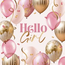 Felicitatiekaart geboorte meisje girl ballonnen confetti