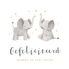 Felicitatiekaart geboorte tweeling olifantjes goud hartjes