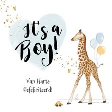 Felicitatiekaart geboorte zoon giraf hartjes goud spetters