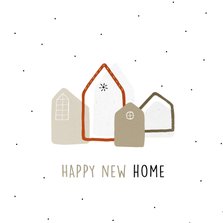 Felicitatiekaart Happ new home met illustraties van huisjes