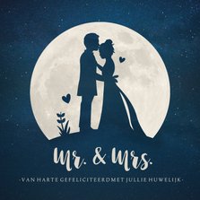 Felicitatiekaart huwelijk met silhouet bruidspaar in maan