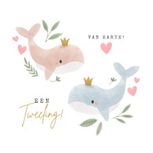 Felicitatiekaart jongen meisje tweeling met walvissen