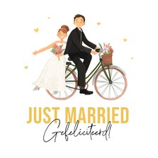 Felicitatiekaart just married bruidspaar cartoon fiets