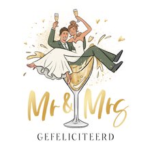 Felicitatiekaart mr and mrs champagne grappig cartoon goud