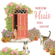 Felicitatiekaart nieuw huis met mooi deur, bloemen en katten