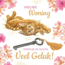 Felicitatiekaart nieuwe woning kat met sleutel en bloemen