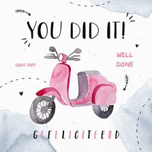 Felicitatiekaart scooter bromfiets meisje waterverf doodle