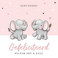 Felicitatiekaart tweeling geboorte olifantjes hartjes roze