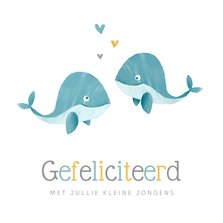 Felicitatiekaart tweeling jongens walvissen hartjes geboorte