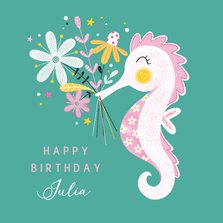 Felicitatiekaart verjaardag zeepaardje bloemen groen