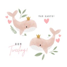 Felicitatiekaart voor een tweeling met walvissen en hartjes