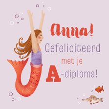 Felicitatiekaart voor zwemdiploma met zeemeermin en visjes