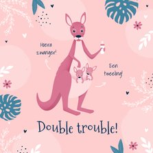 Felicitatiekaart zwanger tweeling meisjes roze kangoeroe