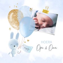 Felicitatiekaartje geboorte kleinzoon konijntje ballonnen
