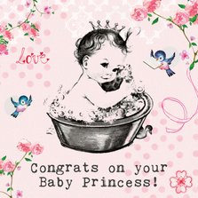Felicitatiekaartje geboorte met baby prinsesje in bad