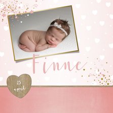 Geboorte lief en hip, roze kaartje met foto en hartjes