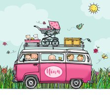 Geboortekaart VW bus roze hart twee broertjes