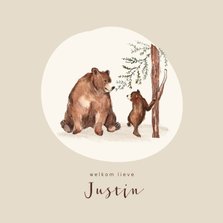 Geboortekaartje bruine beer met kleintje bij een boom