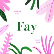 Geboortekaartje colorblocking roze groen bladeren