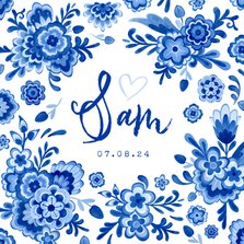 Geboortekaartje delfts blauw bloemen vintage unisex hollands