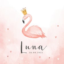 Geboortekaartje flamingo hartjes meisje verf kroontje
