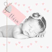 Geboortekaartje foto label hartjes roze 