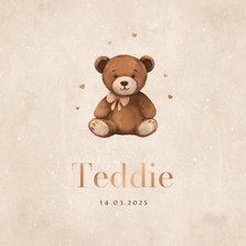 Geboortekaartje lief teddybeertje hartjes neutraal koper