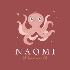 Geboortekaartje lieve octopus roze hartjes goud 