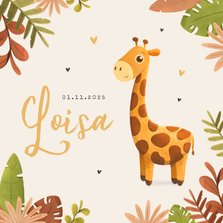 Geboortekaartje meisje giraf illustratie jungle hartjes