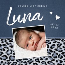 Geboortekaartje meisje stoer met luipaard print en foto
