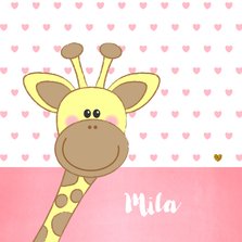 Geboortekaartje met een lief girafje en roze hartjes