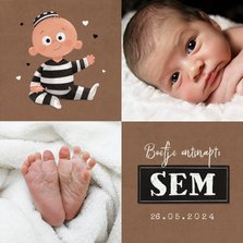 Geboortekaartje met foto lief babyboefje stoer crimineel