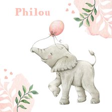 Geboortekaartje met lieve illustratie olifantje in aquarel
